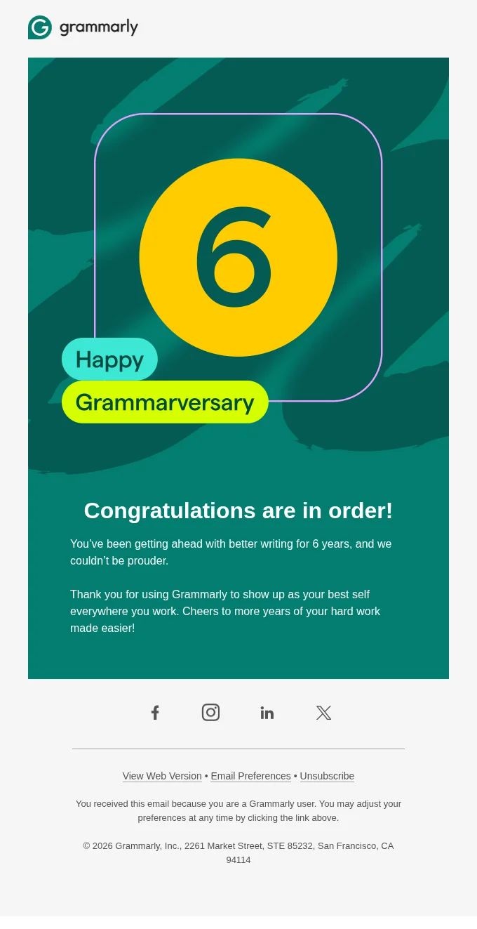 Grammarly anniversary email with a rounded frame and pill labels