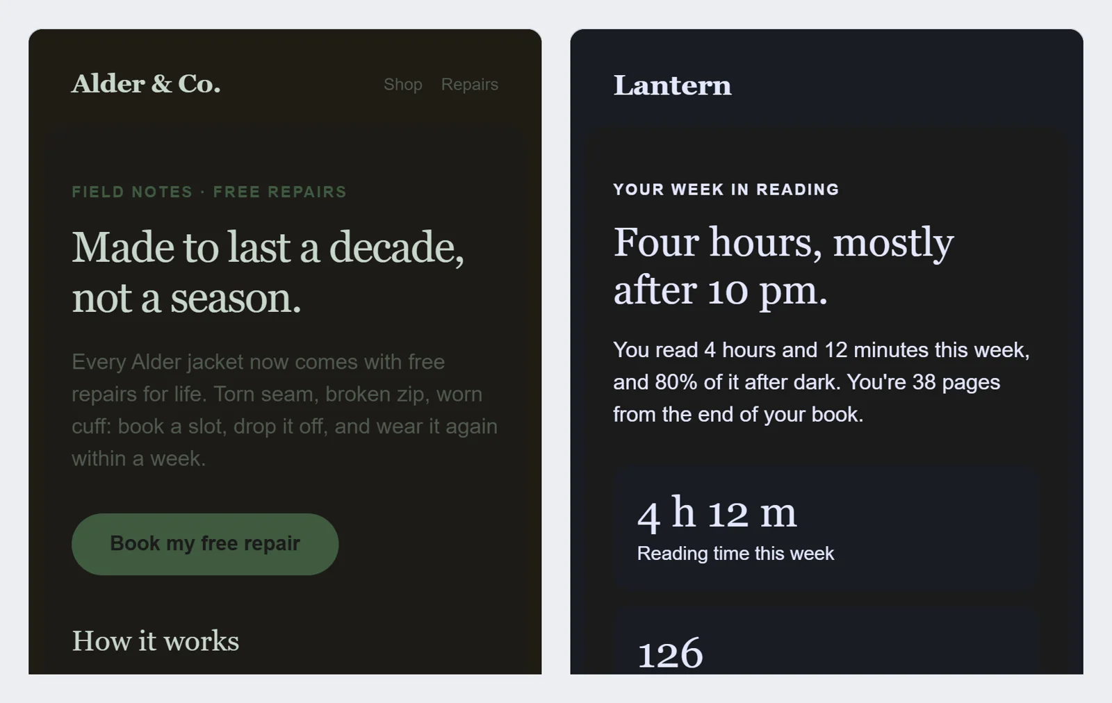 Two emails in simulated Gmail Android dark mode: Alder's grey body text and dark green button are hard to read, Lantern's text inverts to clear white