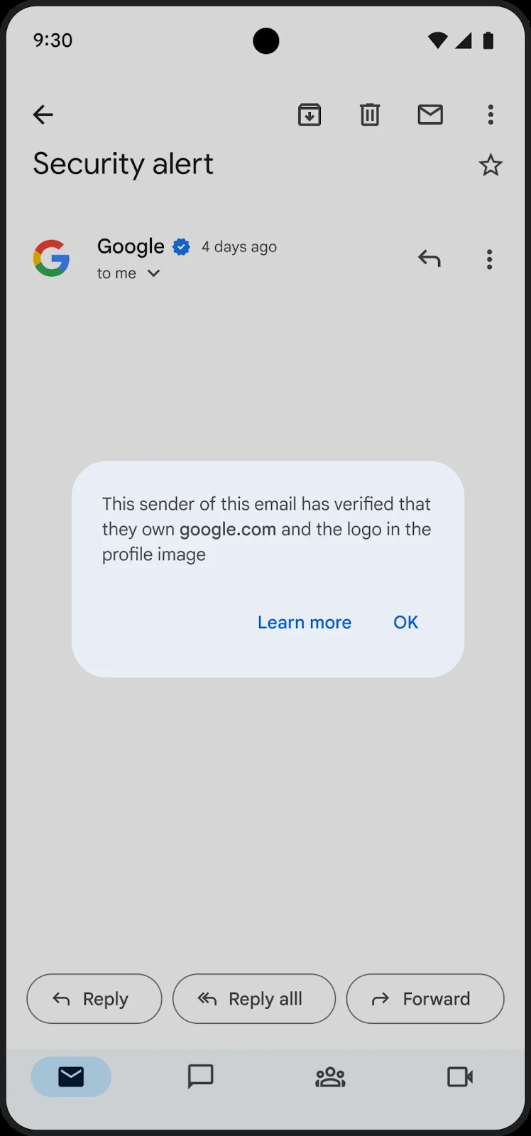 Gmail on Android showing a sender logo with a blue verified checkmark and a note that the sender owns the domain and logo