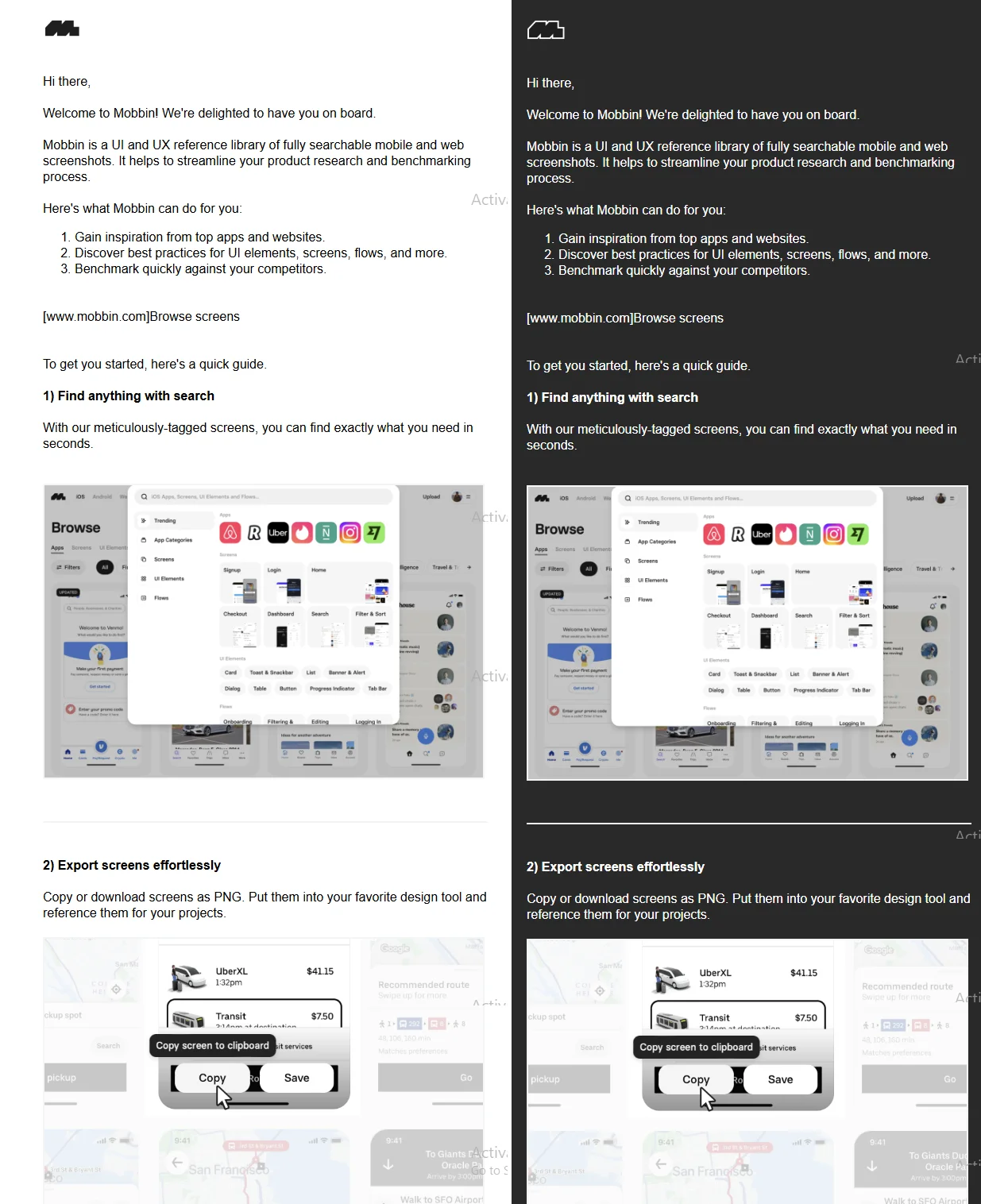 Mobbin email in light and dark mode with a white outline around its black logo