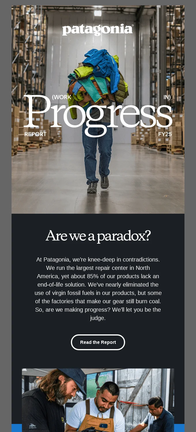 Patagonia email with the word Progress set large over a warehouse photo