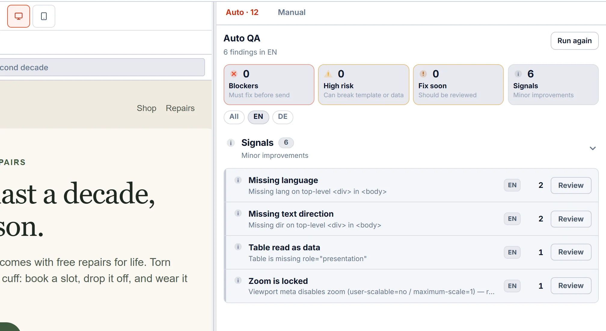 EmailStitch Review listing six accessibility findings: missing lang, missing dir, a layout table without role presentation, and a viewport that locks zoom