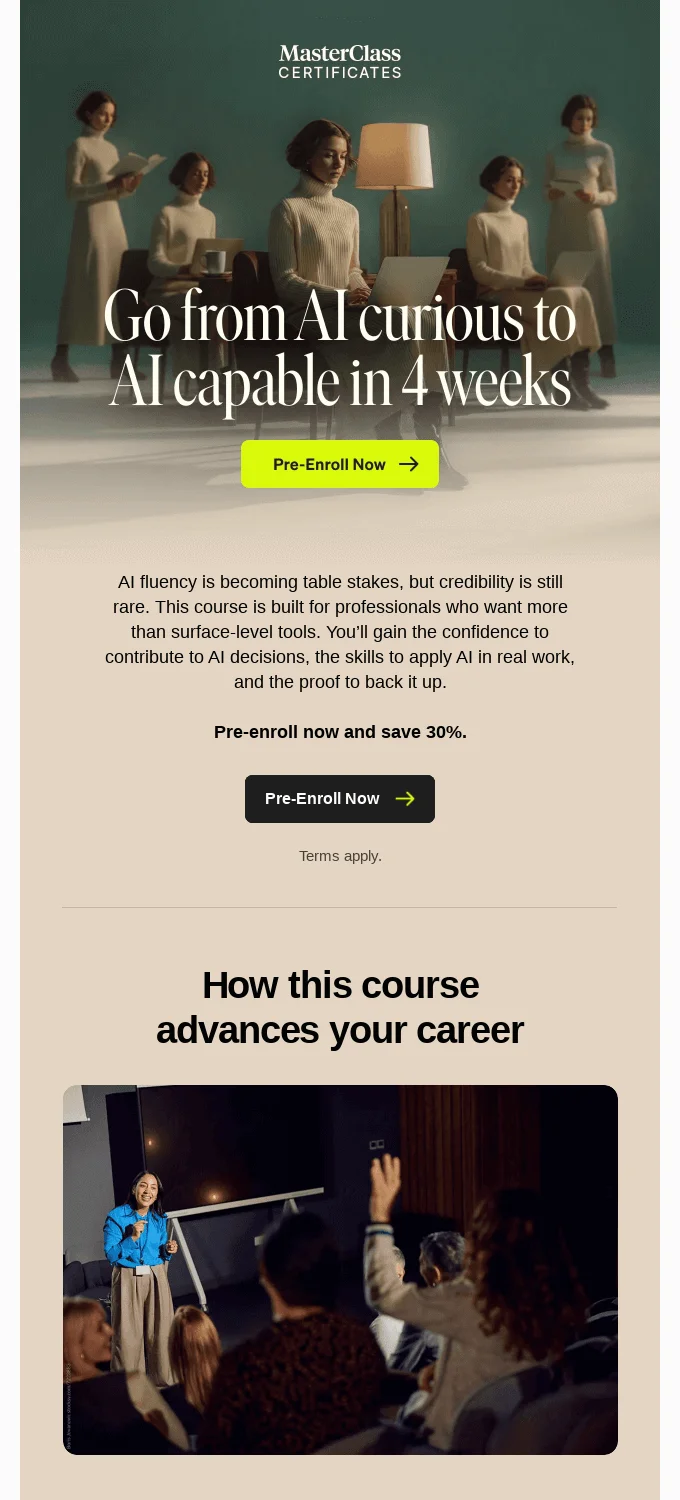 MasterClass email headlined Go from AI curious to AI capable in 4 weeks
