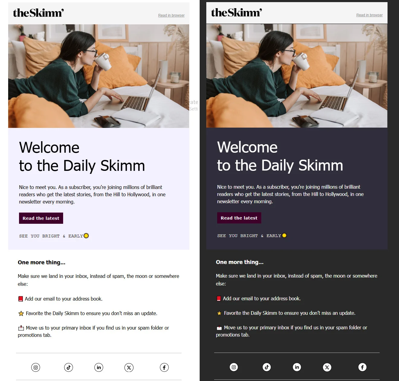 theSkimm email in light and dark mode with off-white text on dark grey
